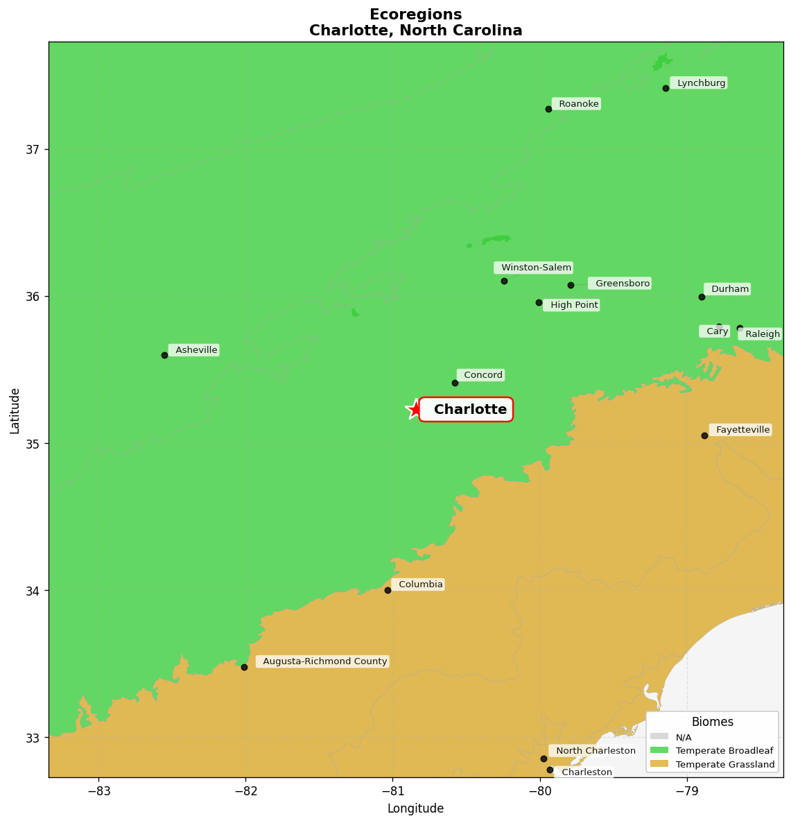 Ecoregion Map for Charlotte, NC
